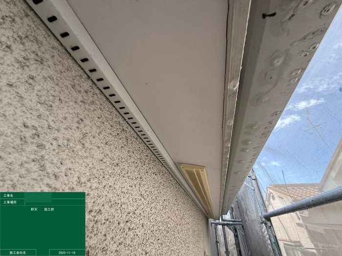 八尾市太子堂のO様邸 軒天（屋根の裏側）に広がる黒い点状カビ汚れの施工前状態