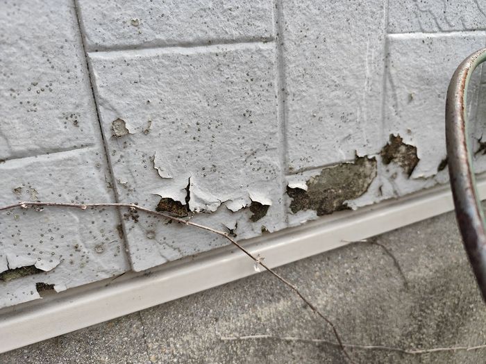 平野区喜連のアパート外壁 塗膜が大きく剥がれ下地のモルタルが露出している深刻な劣化状態