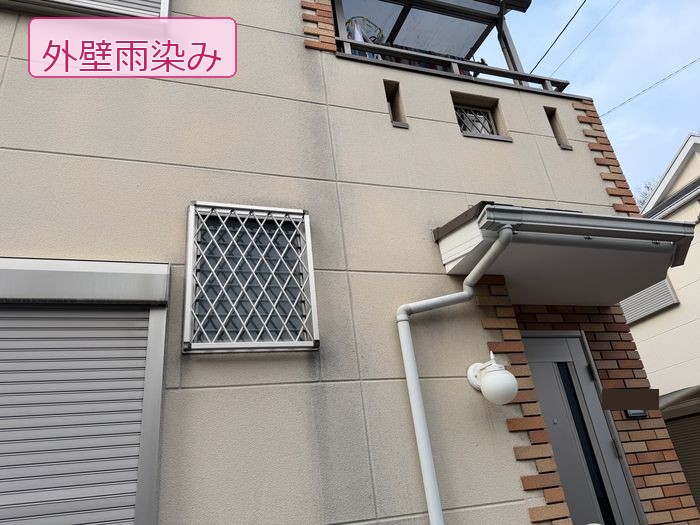 八尾市高安町 外壁に広がる雨染みと縦方向の黒い汚れの様子