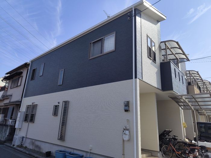 八尾市曙川東 外壁塗装完了後の建物全景（側面まで含めた仕上がり確認）