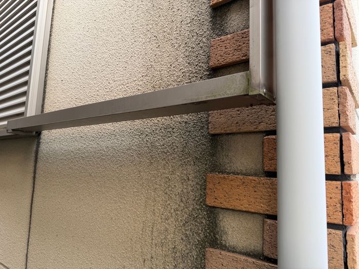 八尾市南安町の戸建て住宅 雨樋と外壁に広がる苔・黒ずみ汚れのクローズアップ